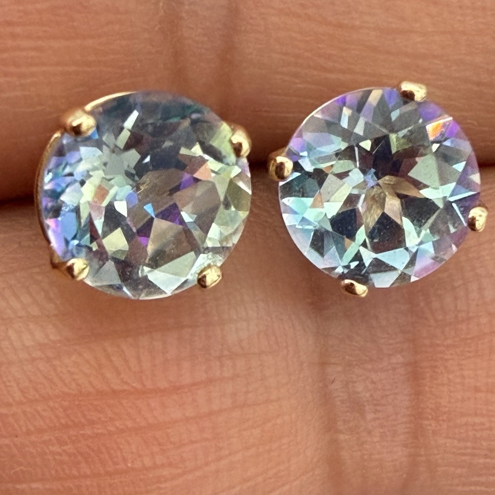 Estate 14K Yellow Gold Mystic Topaz Stud Earrings 8mm Round 2 Carat Each 2.29 Gr